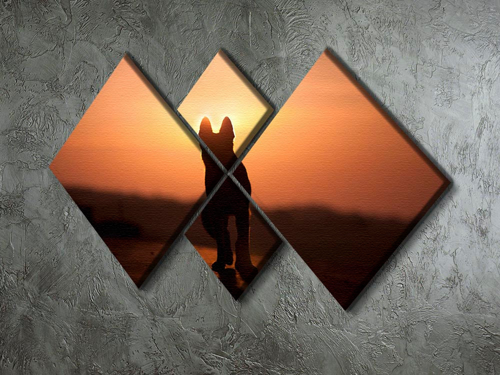 A beautiful 4-square canvas artwork featuring a dog silhouette against a vibrant sunset, perfect for home decor.