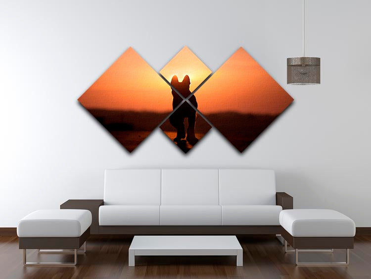 A beautiful 4-square canvas artwork featuring a dog silhouette against a vibrant sunset, perfect for home decor.