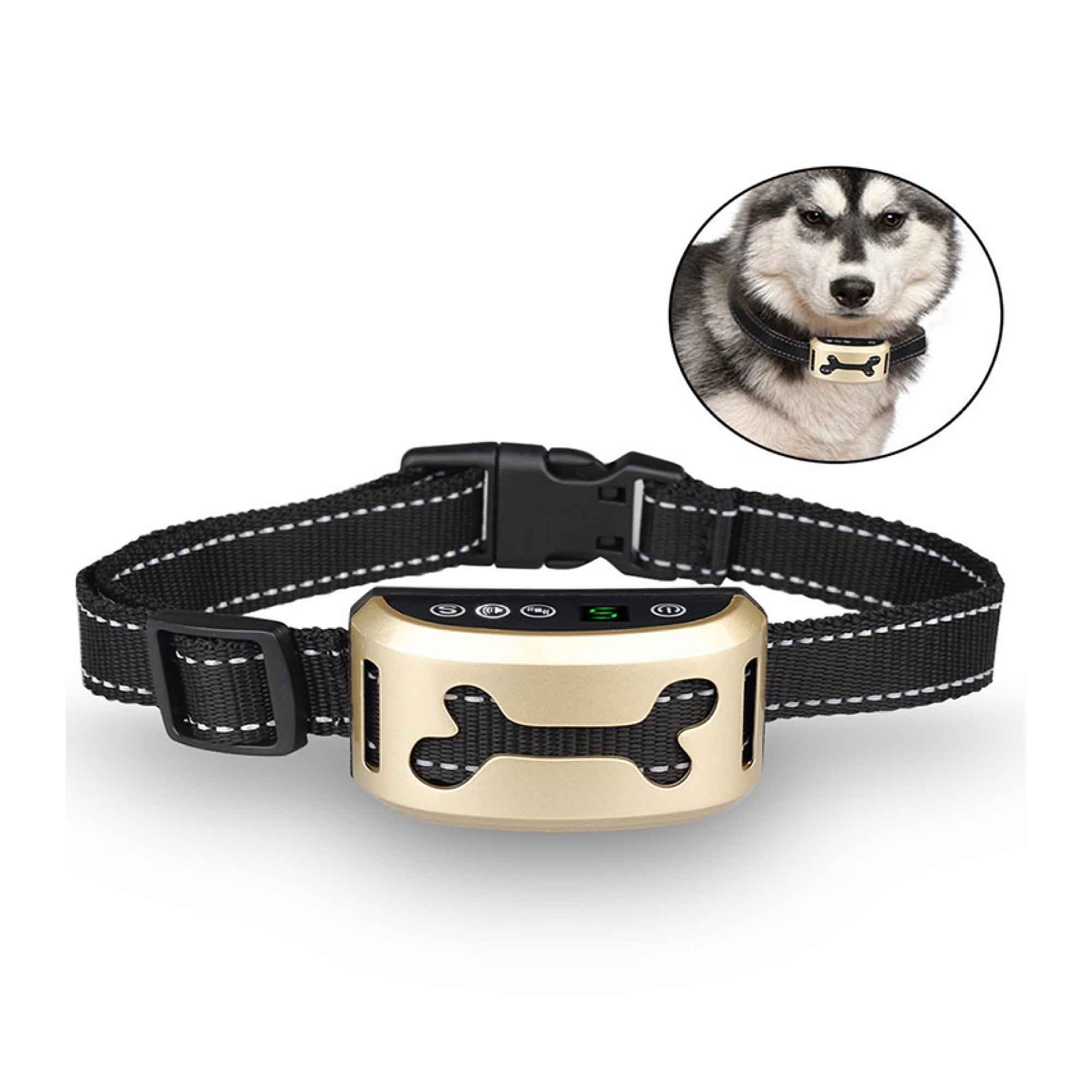 Dog Bark Collar featuring sound and vibration technology, USB rechargeable, rainproof design, and reflective nylon material for nighttime visibility.