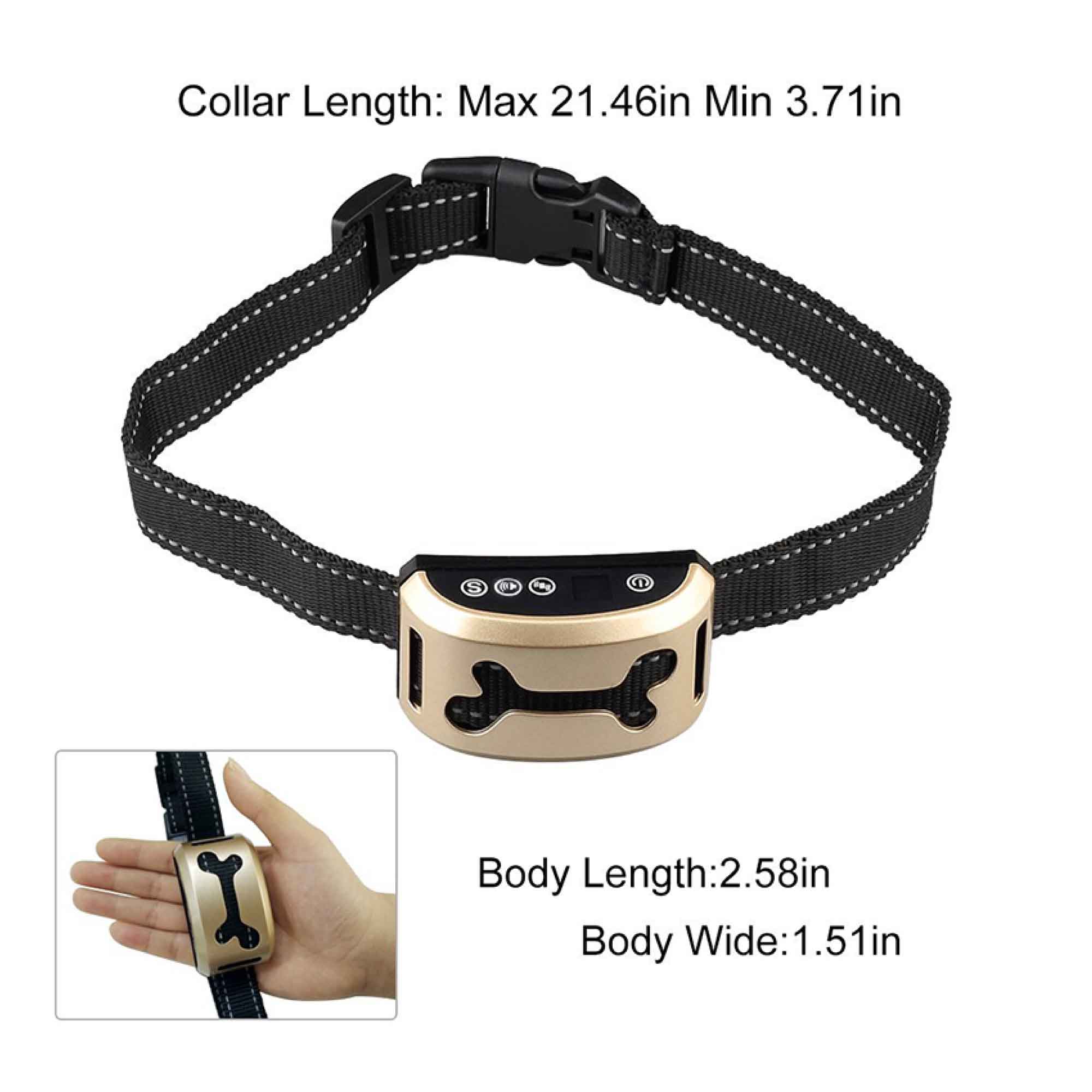 Dog Bark Collar featuring sound and vibration technology, USB rechargeable, rainproof design, and reflective nylon material for nighttime visibility.