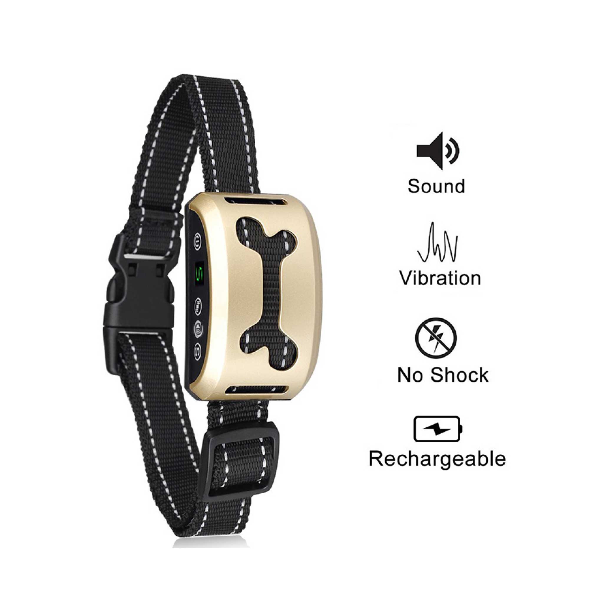 Dog Bark Collar featuring sound and vibration technology, USB rechargeable, rainproof design, and reflective nylon material for nighttime visibility.