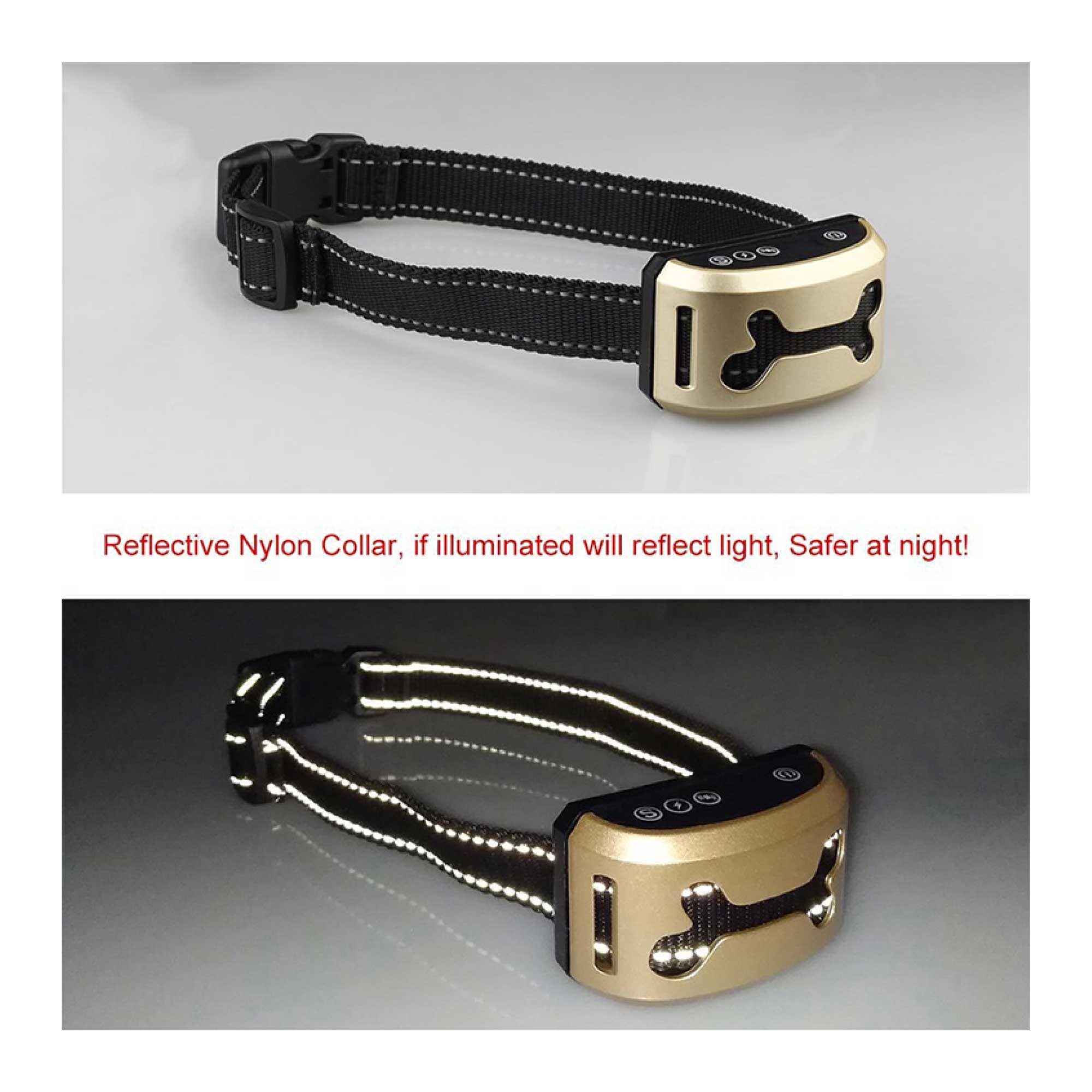 Dog Bark Collar featuring sound and vibration technology, USB rechargeable, rainproof design, and reflective nylon material for nighttime visibility.