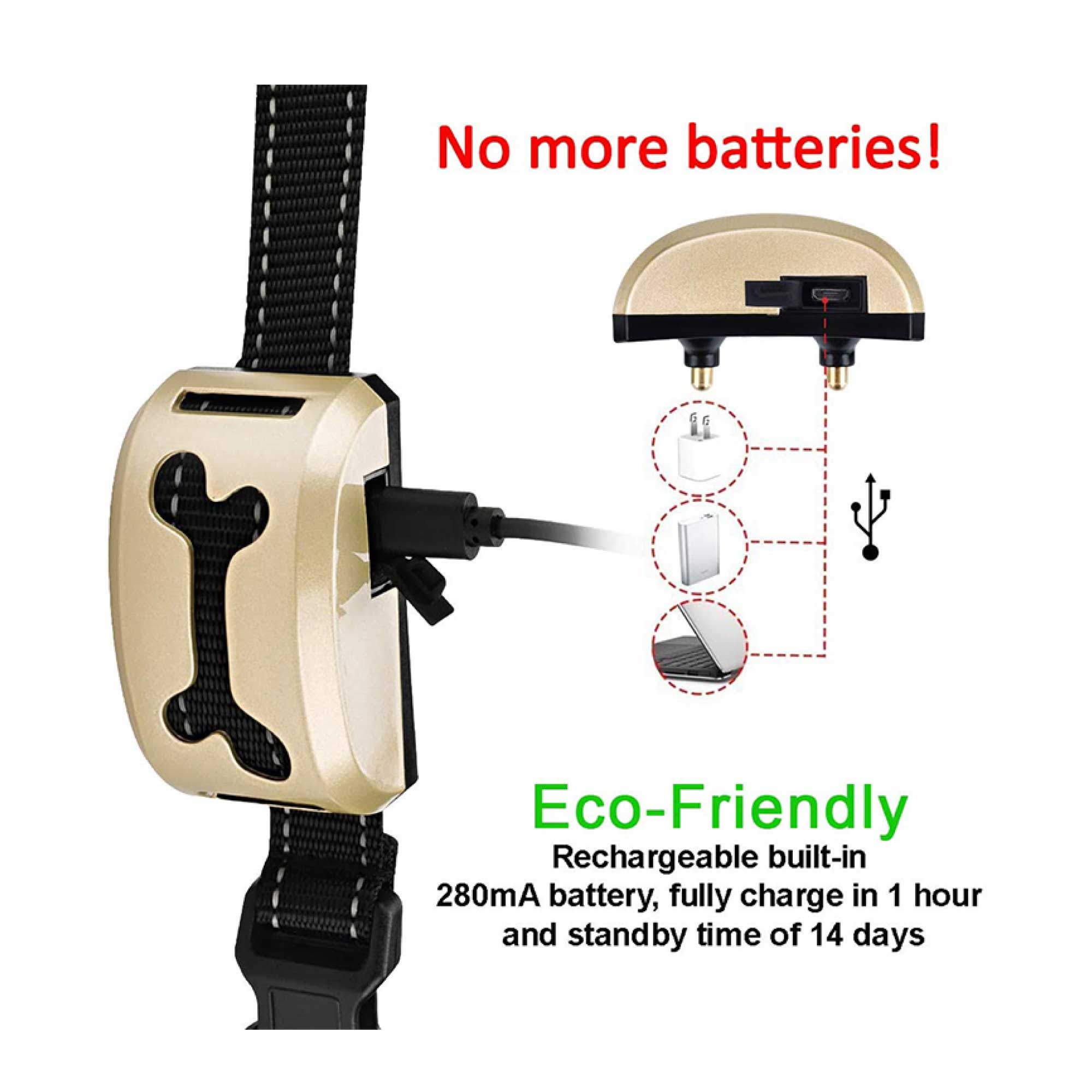 Dog Bark Collar featuring sound and vibration technology, USB rechargeable, rainproof design, and reflective nylon material for nighttime visibility.