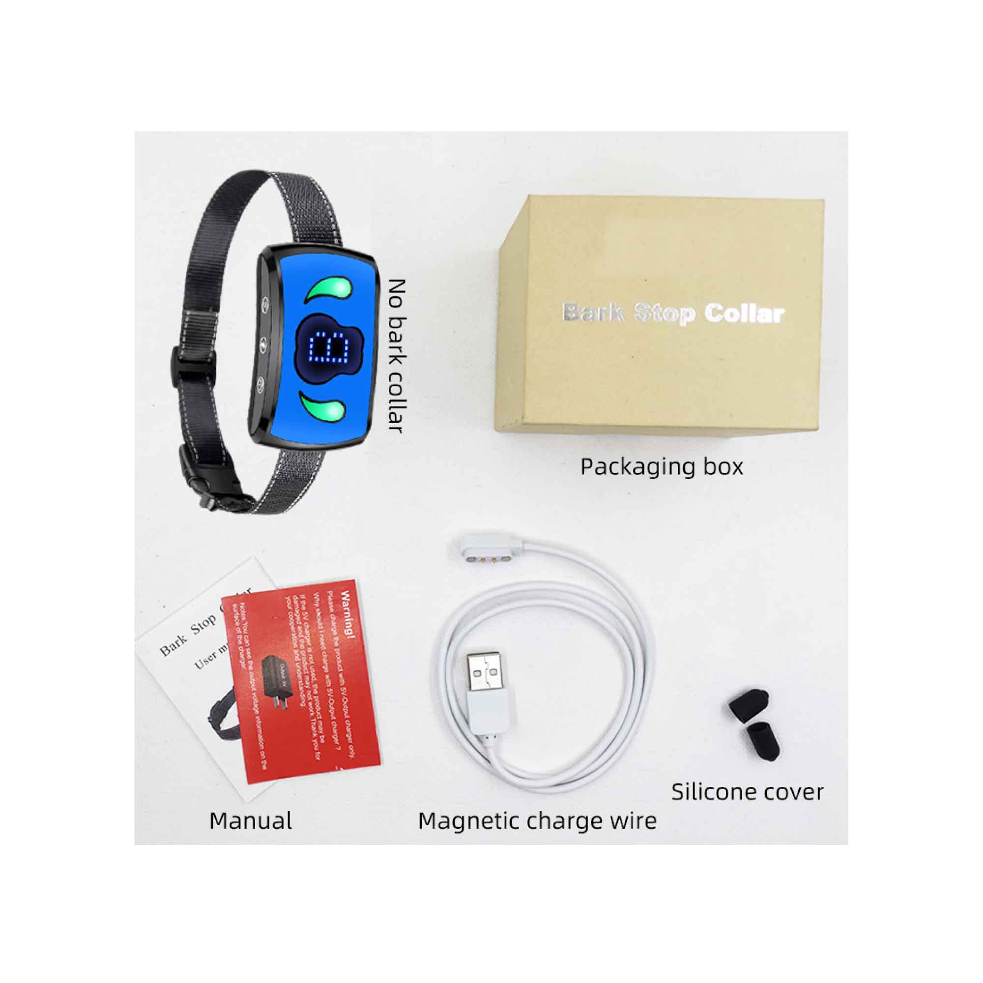 Dog Bark Collar featuring vibration technology, waterproof design, and LED display for sensitivity levels.