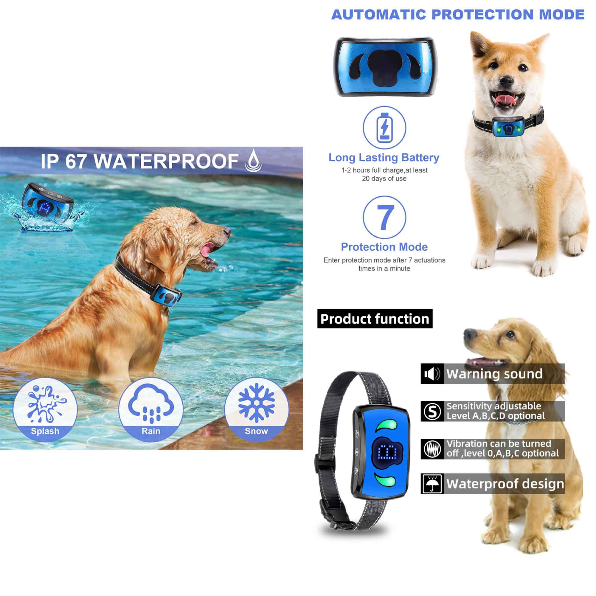 Dog Bark Collar featuring vibration technology, waterproof design, and LED display for sensitivity levels.