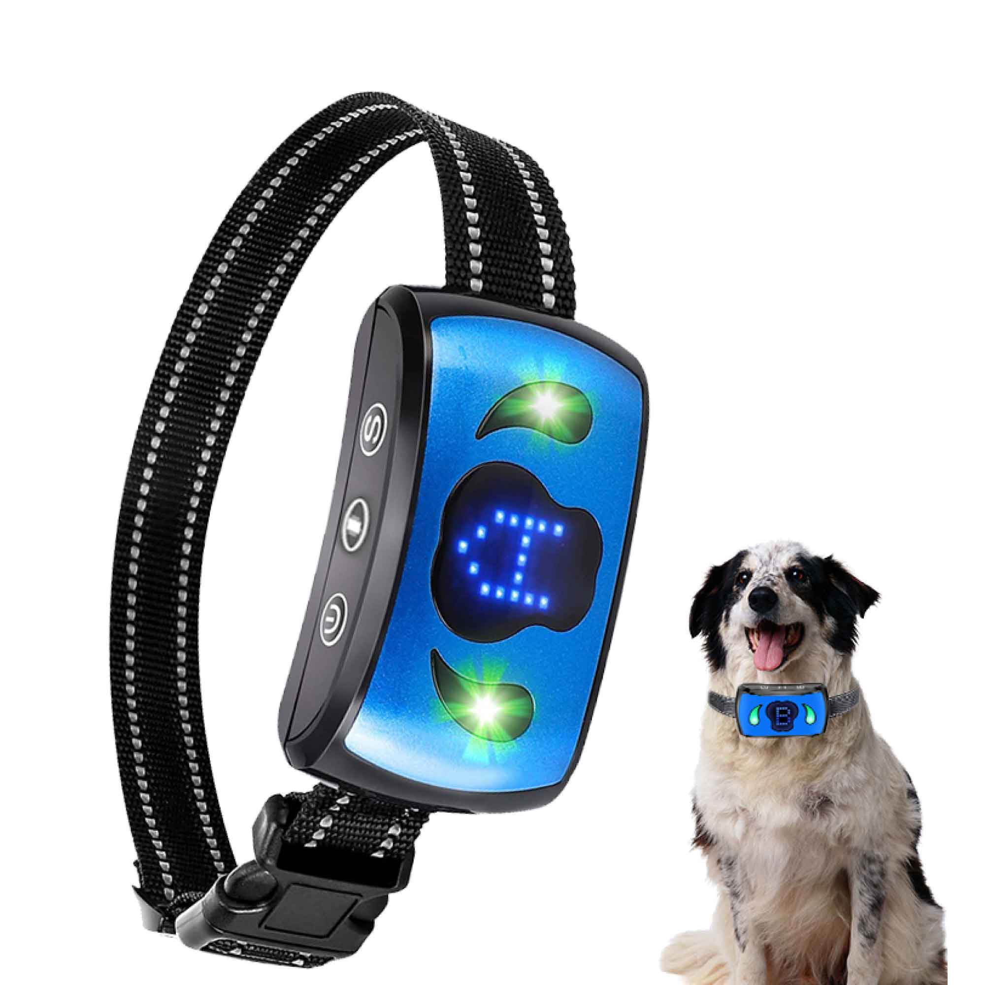 Dog Bark Collar featuring vibration technology, waterproof design, and LED display for sensitivity levels.