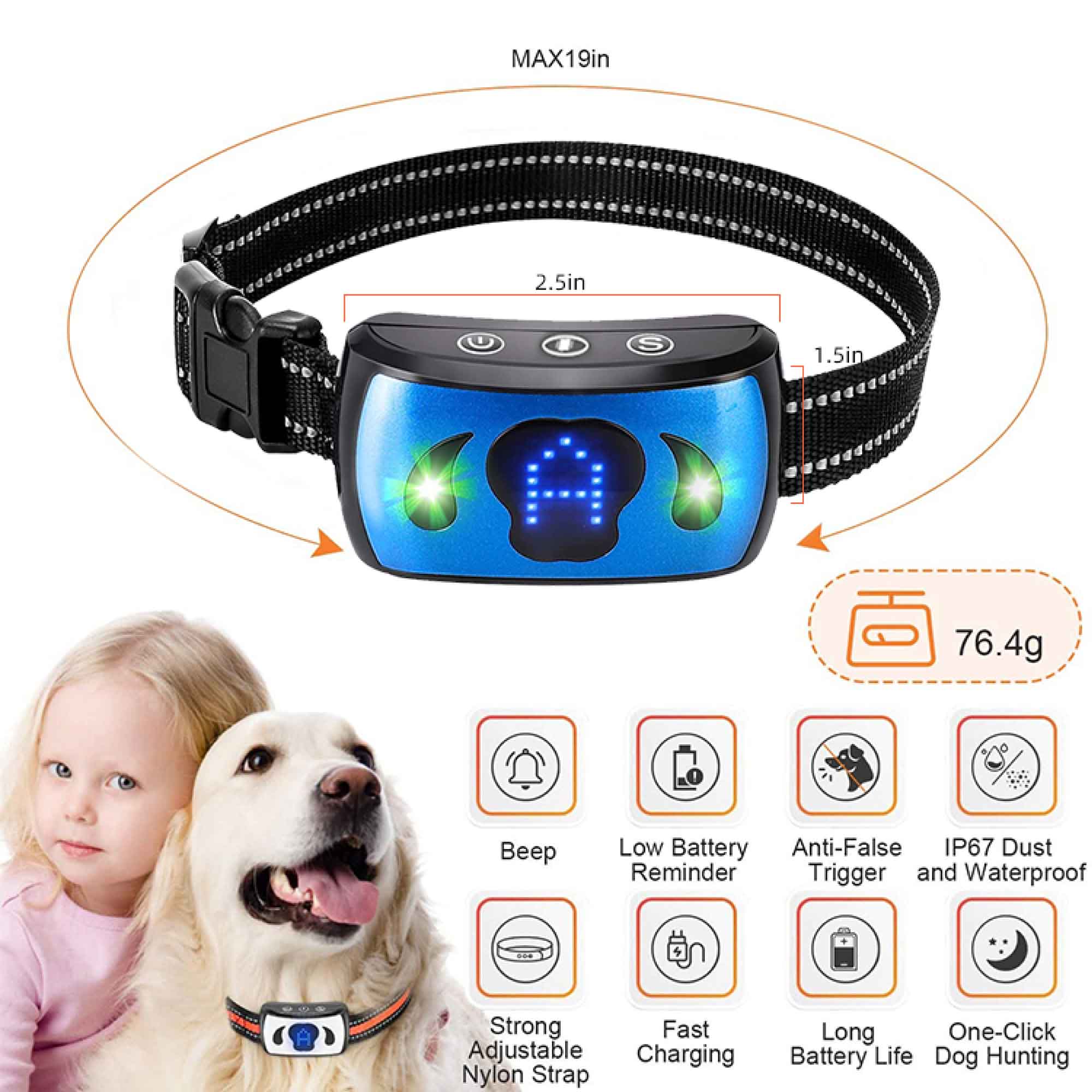 Dog Bark Collar featuring vibration technology, waterproof design, and LED display for sensitivity levels.