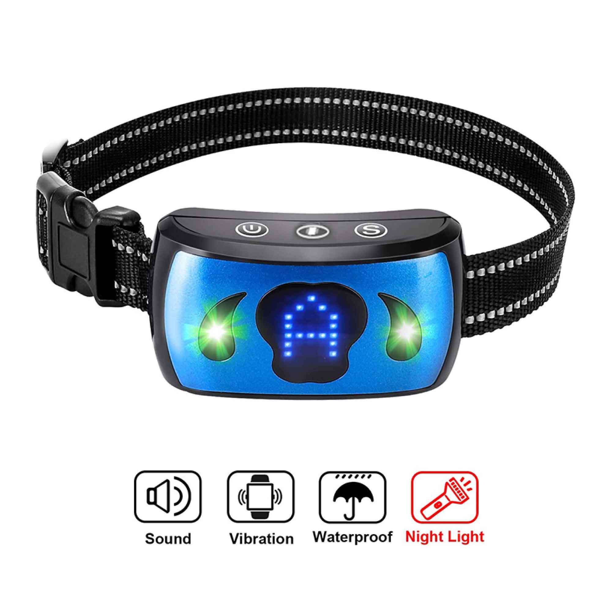 Dog Bark Collar featuring vibration technology, waterproof design, and LED display for sensitivity levels.