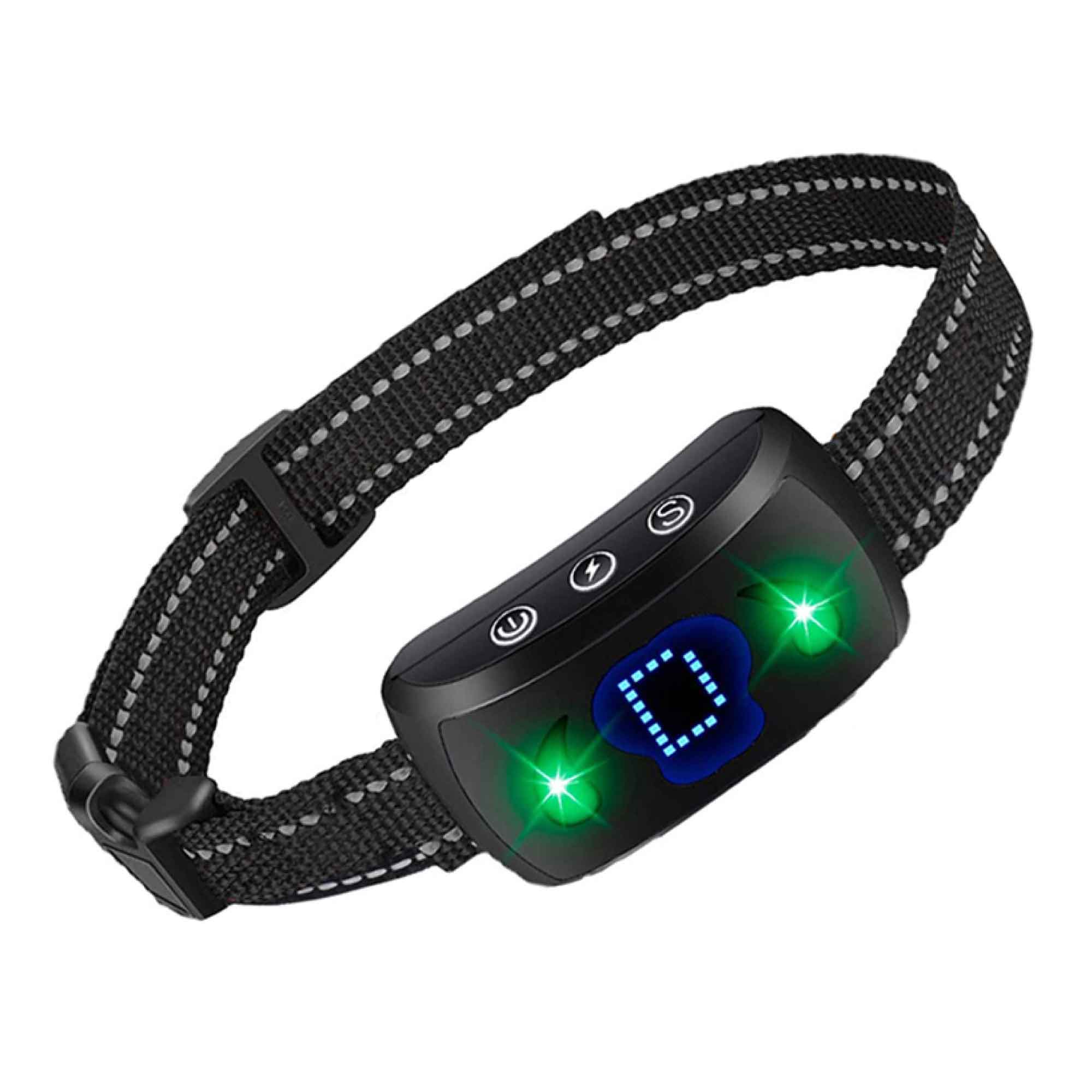 Dog Bark Collar featuring vibration technology, waterproof design, and LED display for sensitivity levels.
