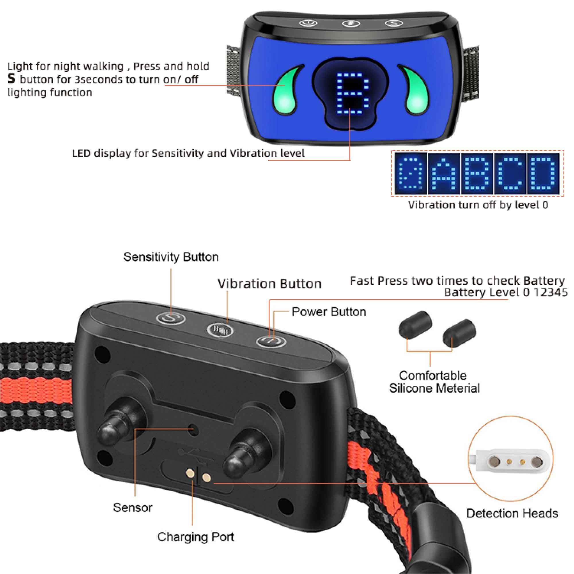 Dog Bark Collar featuring vibration technology, waterproof design, and LED display for sensitivity levels.