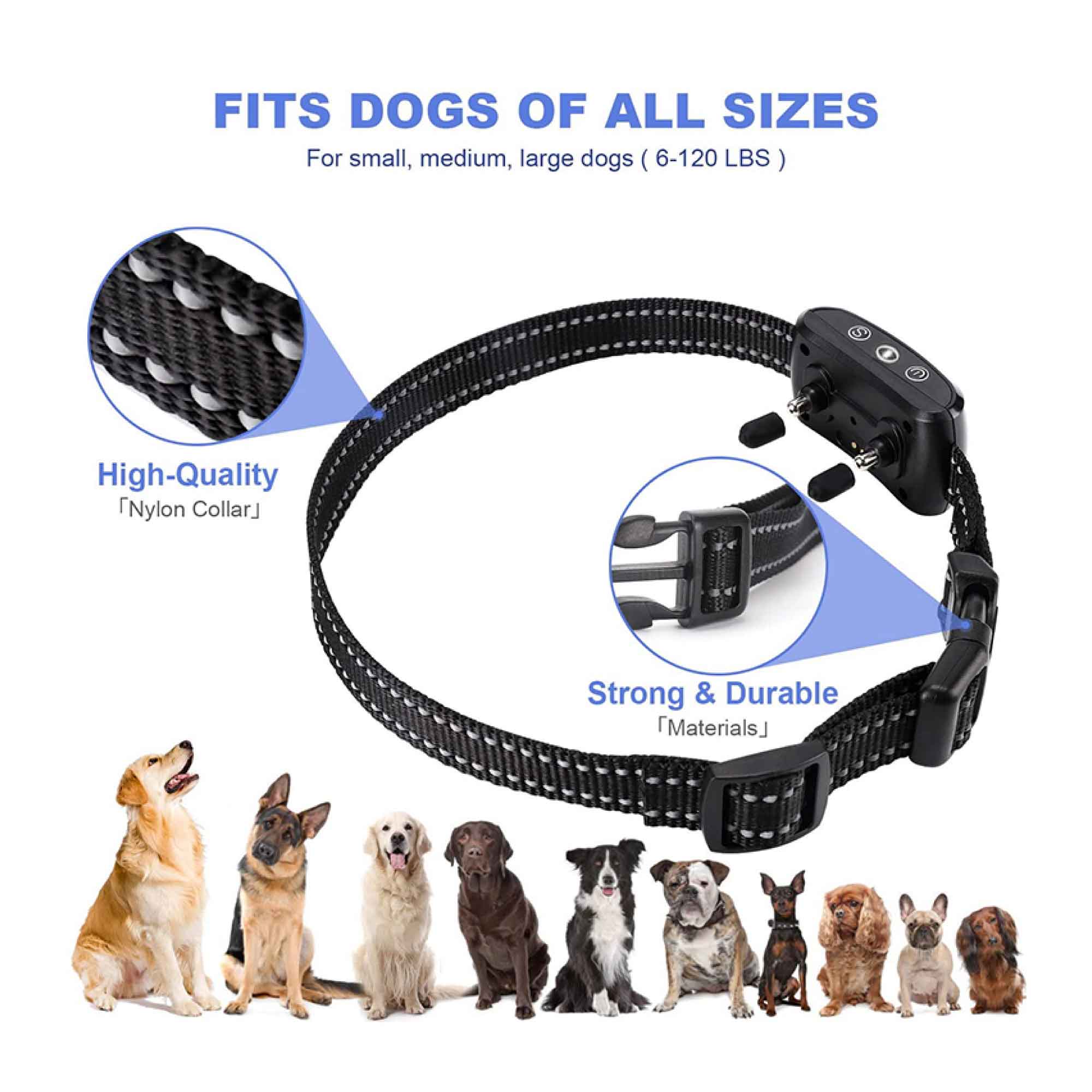 Dog Bark Collar featuring vibration technology, waterproof design, and LED display for sensitivity levels.