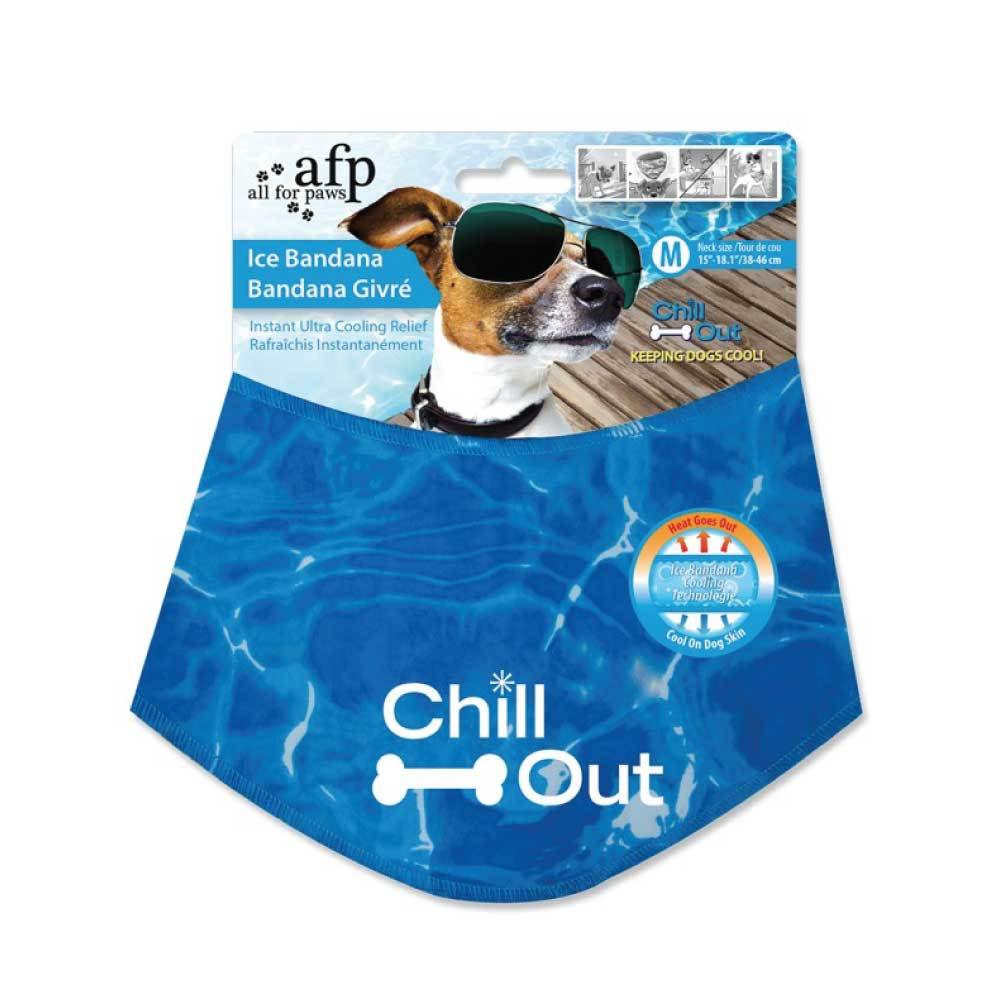 A blue dog cooling bandana with water ripples design, providing instant cooling relief for pets on hot summer days.