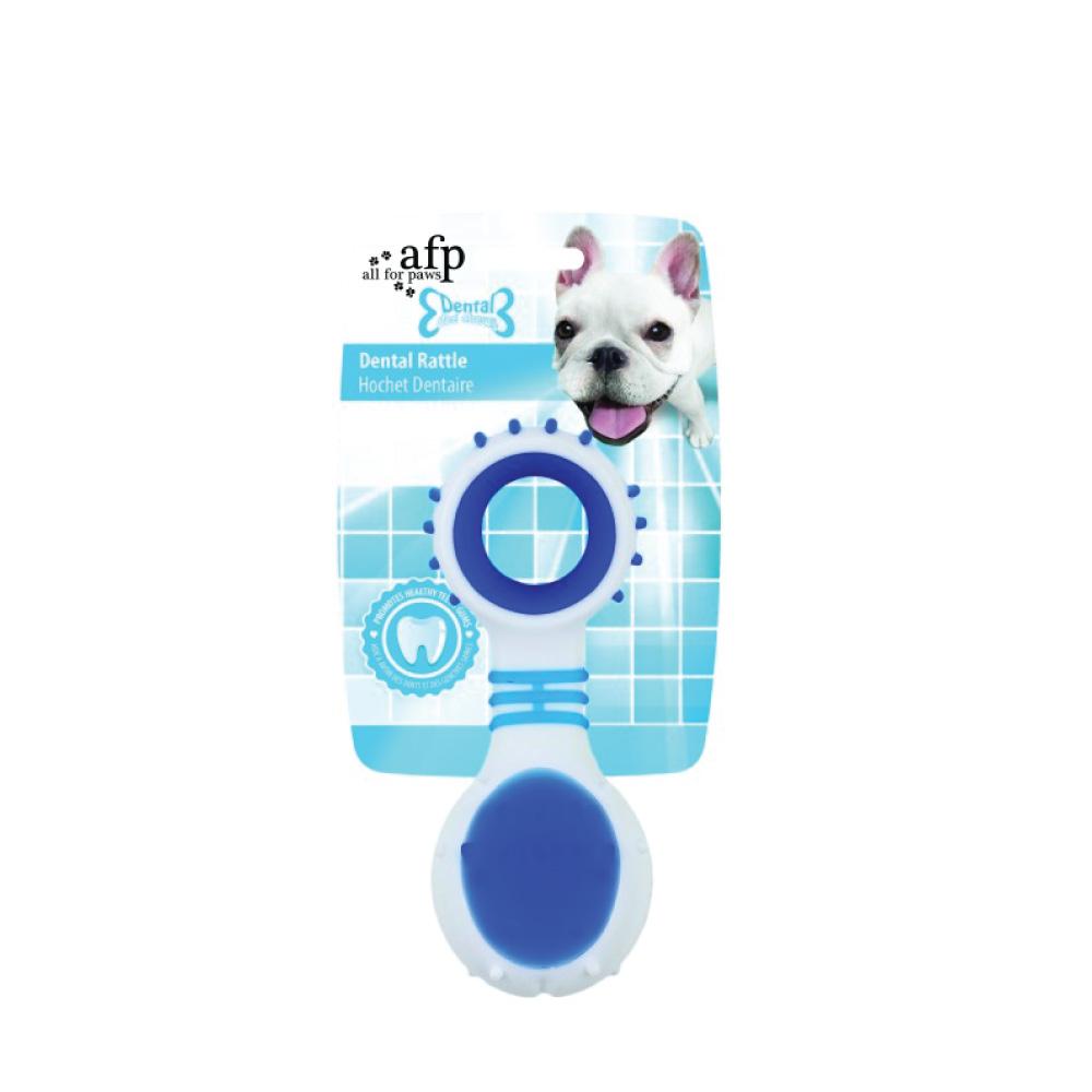 Blue Dog Dental Rattle with rubber ridges for teething and cleaning gums, designed for small and medium breeds.