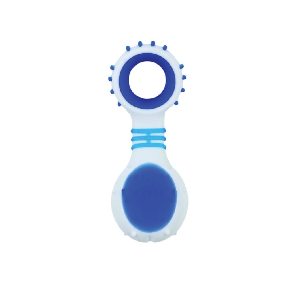 Blue Dog Dental Rattle with rubber ridges for teething and cleaning gums, designed for small and medium breeds.