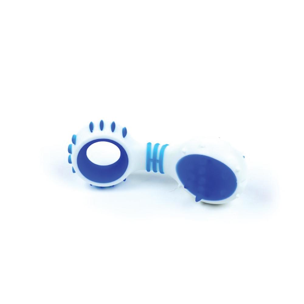 Blue Dog Dental Rattle with rubber ridges for teething and cleaning gums, designed for small and medium breeds.
