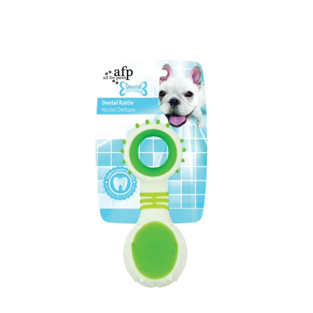 Green and white dog dental rattle.
