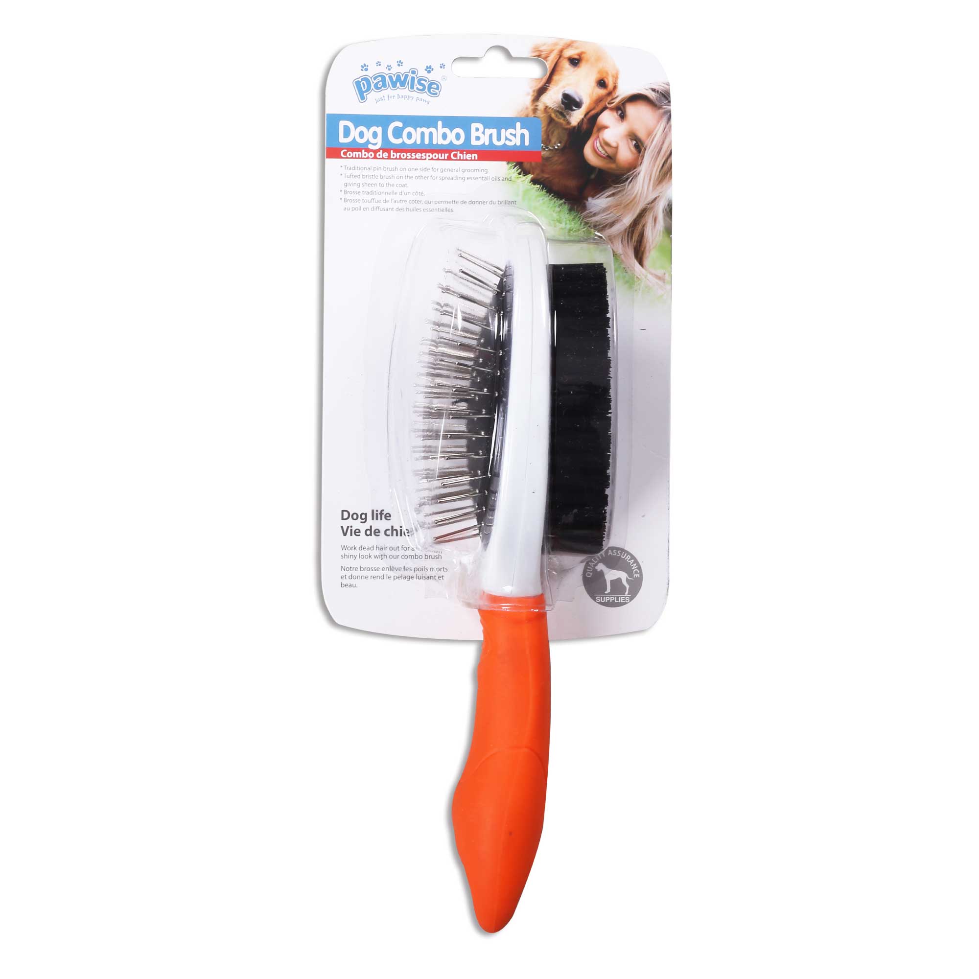 Pawise Dog Double Sided Brush Combo featuring a pin brush and bristle brush for effective pet grooming.