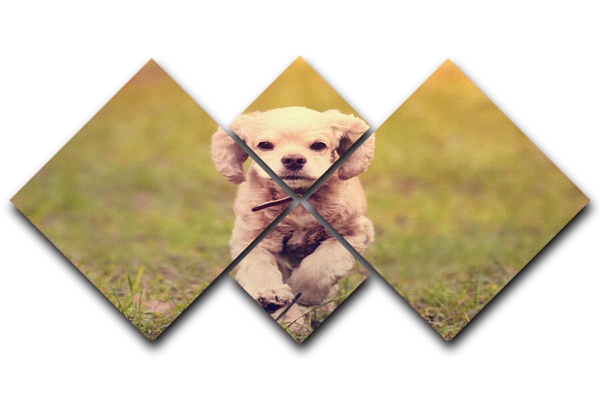 A beautiful 4-panel canvas artwork depicting a dog running at sunset, showcasing vibrant colors and dynamic design.