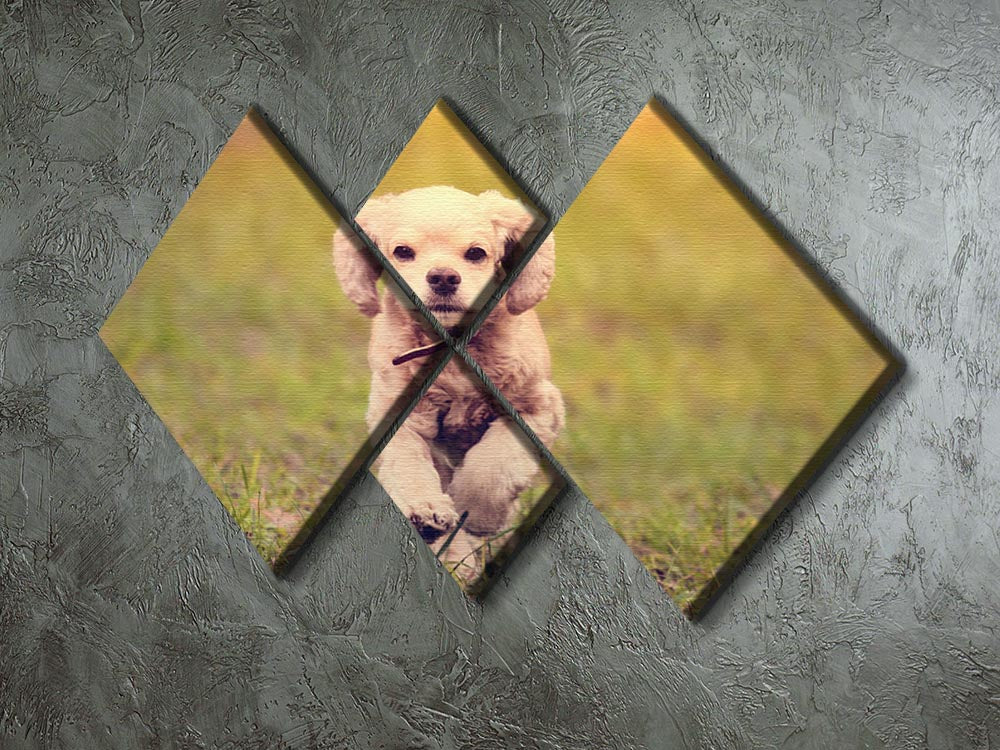 A beautiful 4-panel canvas artwork depicting a dog running at sunset, showcasing vibrant colors and dynamic design.
