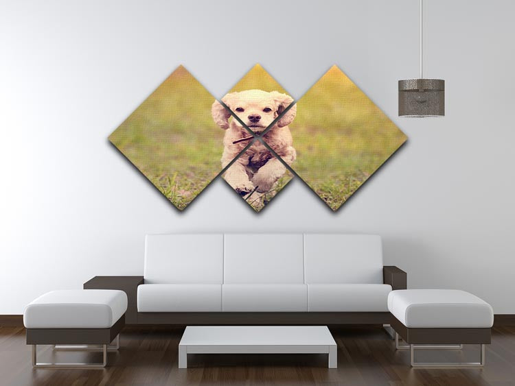 A beautiful 4-panel canvas artwork depicting a dog running at sunset, showcasing vibrant colors and dynamic design.