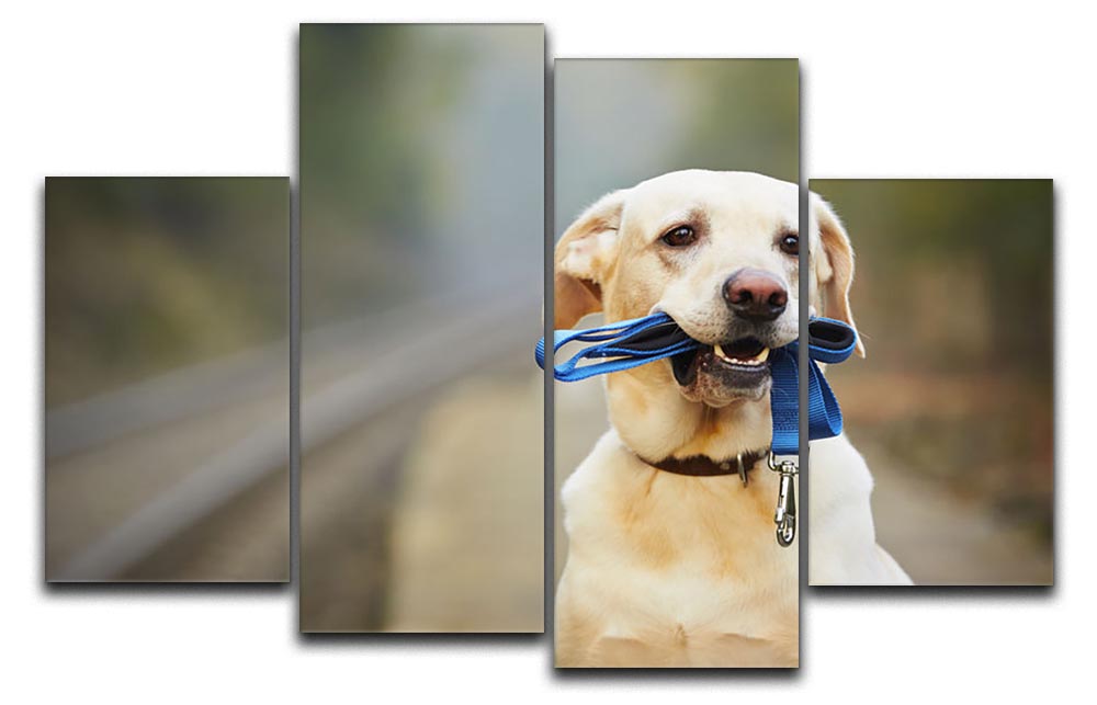 A 4-panel canvas artwork depicting a dog waiting on a railway platform, showcasing a serene and emotional scene.