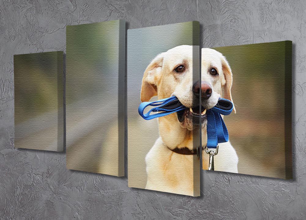 A 4-panel canvas artwork depicting a dog waiting on a railway platform, showcasing a serene and emotional scene.