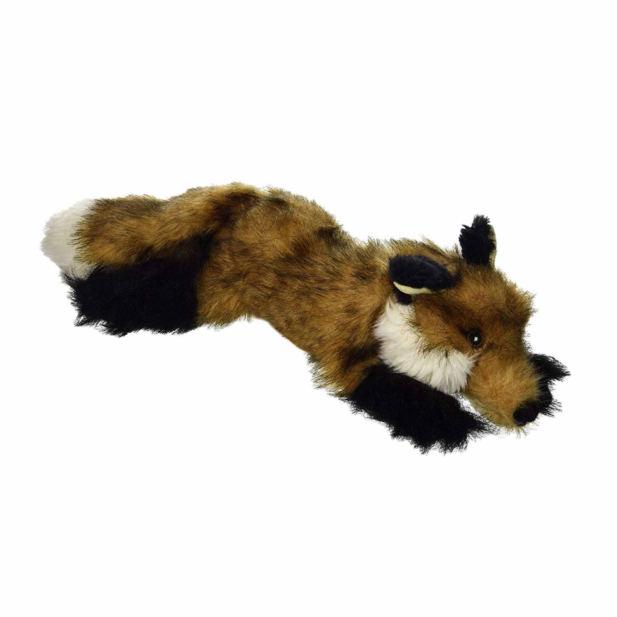 A large, lifelike plush fox toy designed for dogs, featuring a squeaker for interactive play.
