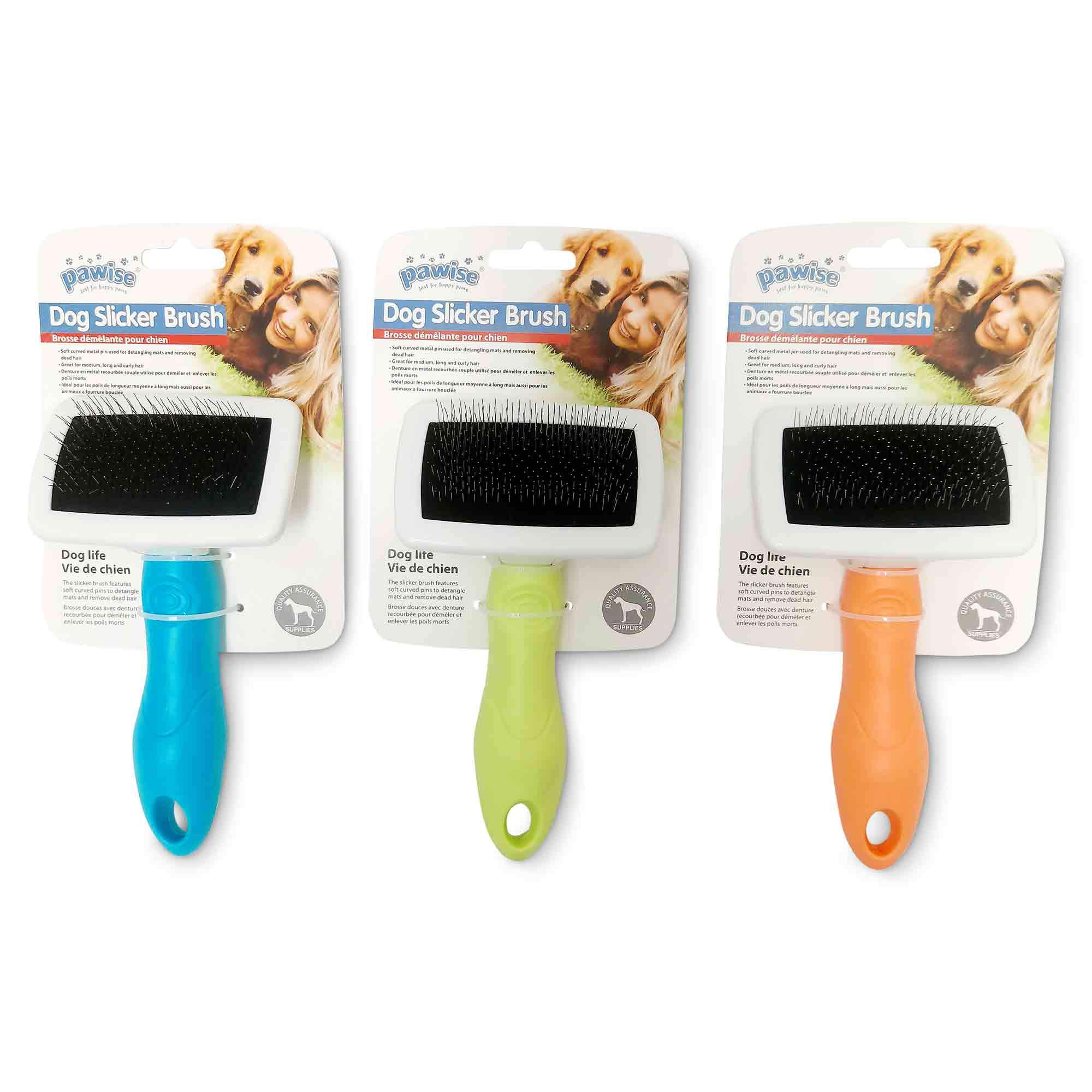 Dog Slicker Brush designed for small pets, featuring soft curved metal pins and a rubber anti-slip handle, available in multiple colors.