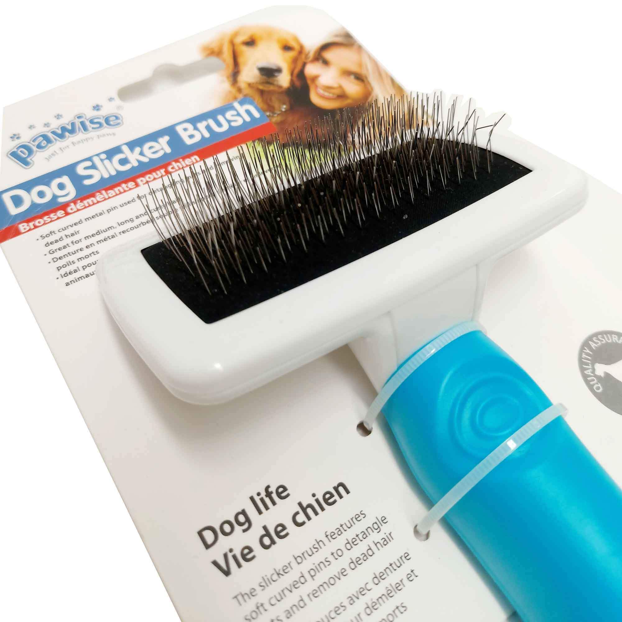 Dog Slicker Brush designed for small pets, featuring soft curved metal pins and a rubber anti-slip handle, available in multiple colors.