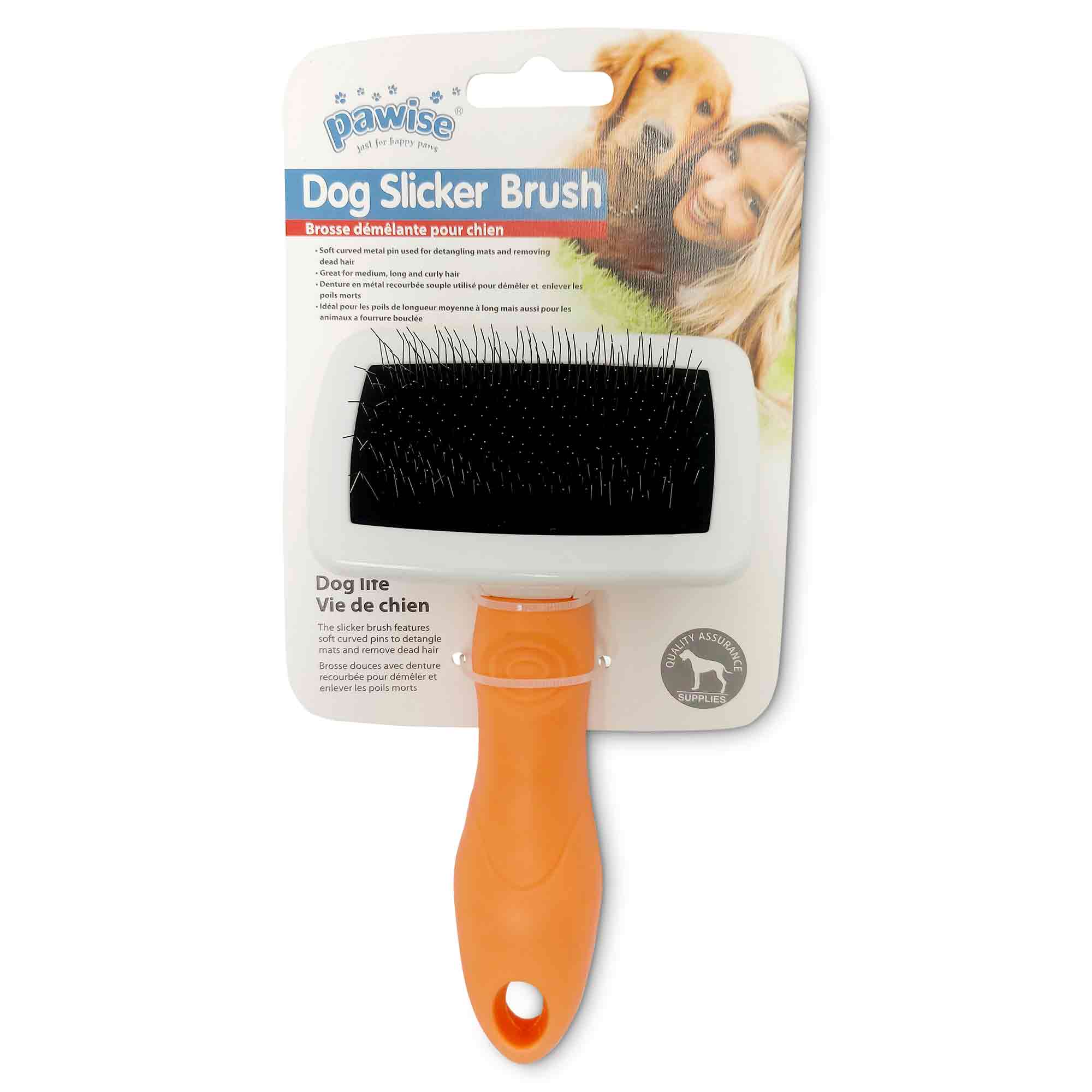 Dog Slicker Brush designed for small pets, featuring soft curved metal pins and a rubber anti-slip handle, available in multiple colors.