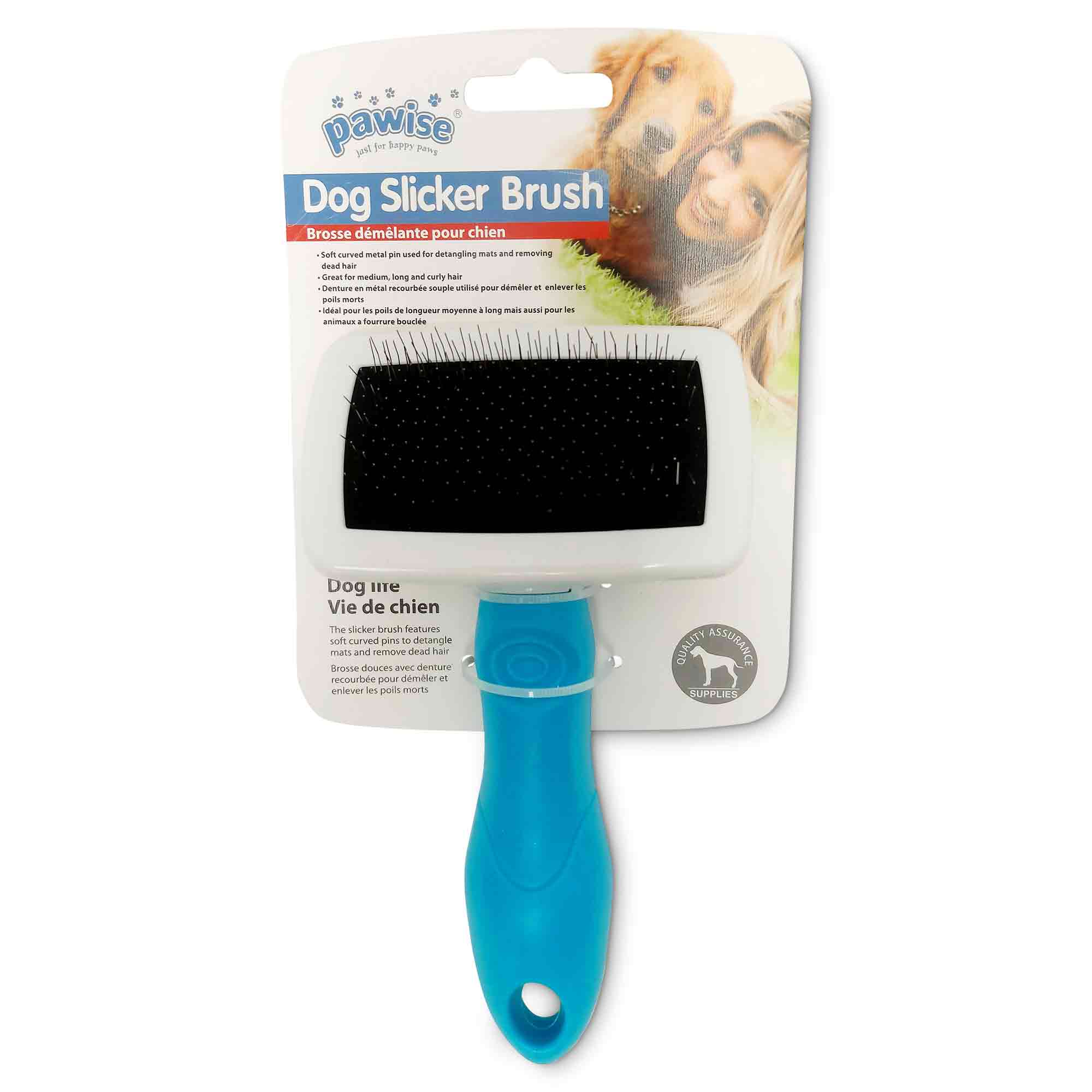 Dog Slicker Brush designed for small pets, featuring soft curved metal pins and a rubber anti-slip handle, available in multiple colors.