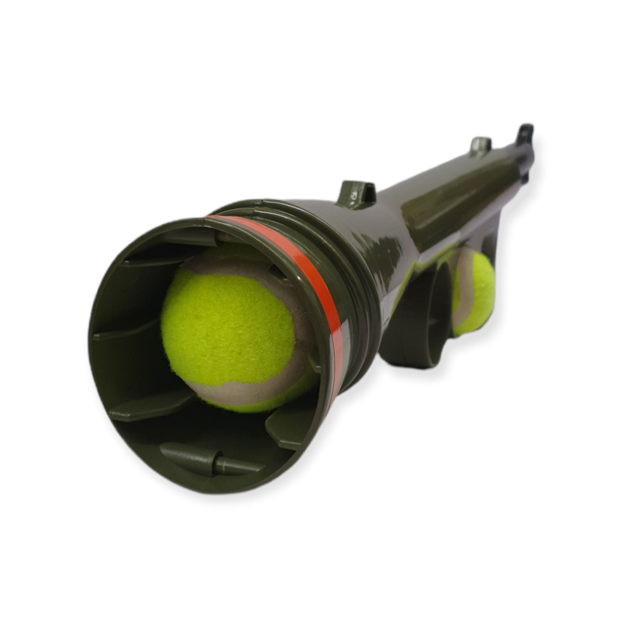 Dog Tennis Ball Launcher Gun in olive green with two tennis balls, designed for outdoor play and exercise.