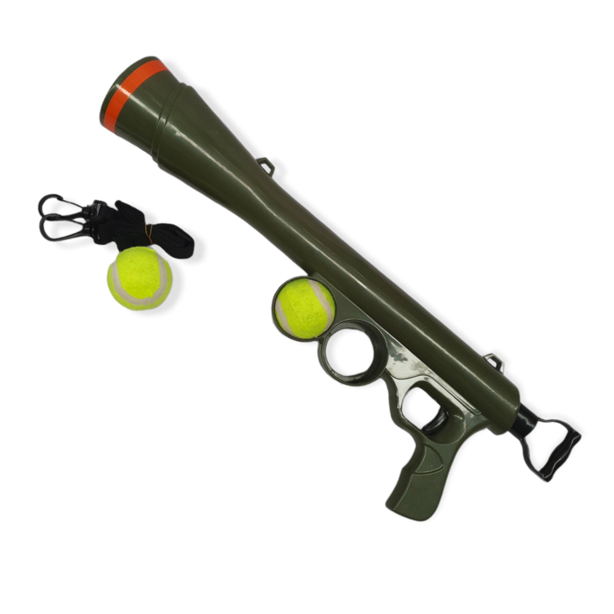 Dog Tennis Ball Launcher Gun in olive green with two tennis balls, designed for outdoor play and exercise.