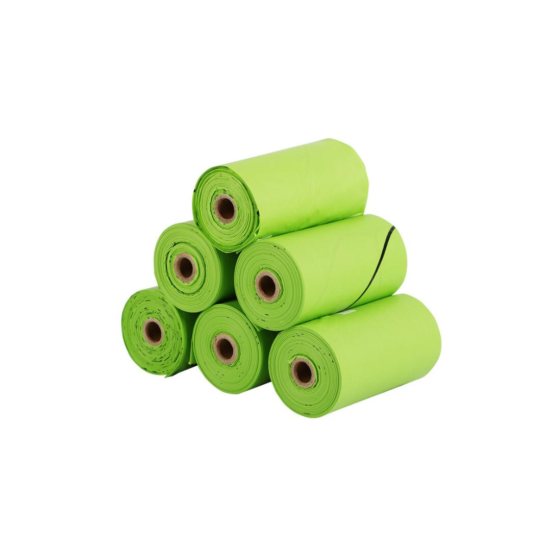 A pack of 120 compostable dog waste bags made from plant-based materials, showcasing their eco-friendly design.