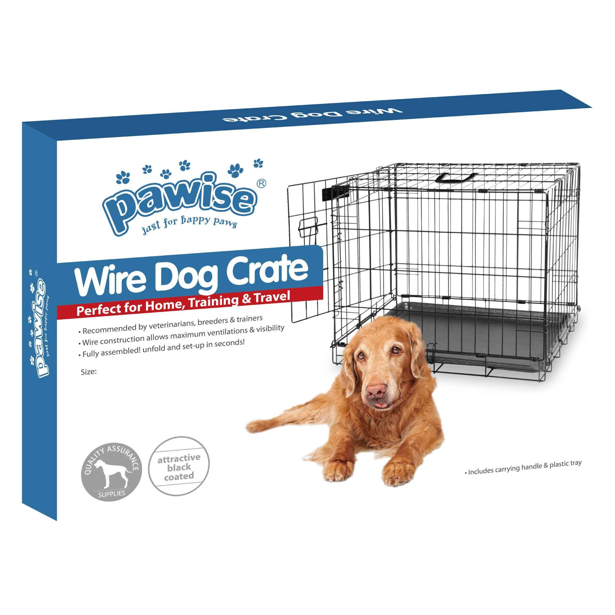 Pawise Dog Wire Crate in black, showcasing its sturdy wire construction and double door access, ideal for pet training and travel.