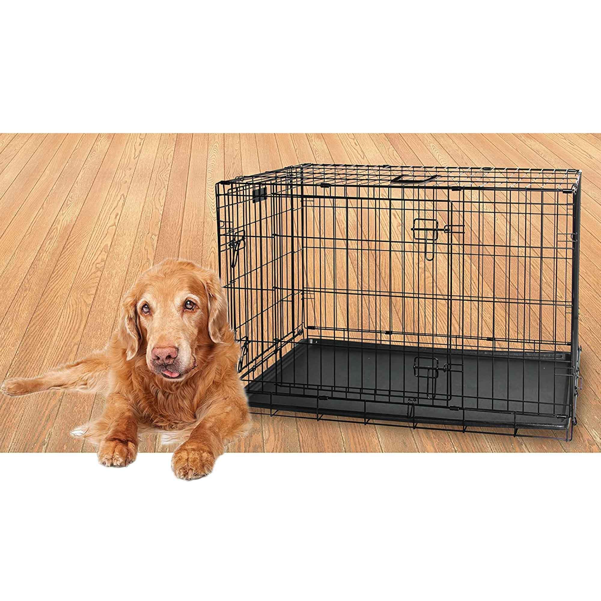 Pawise Dog Wire Crate in black, designed for small breeds, showcasing its sturdy construction and double door access.