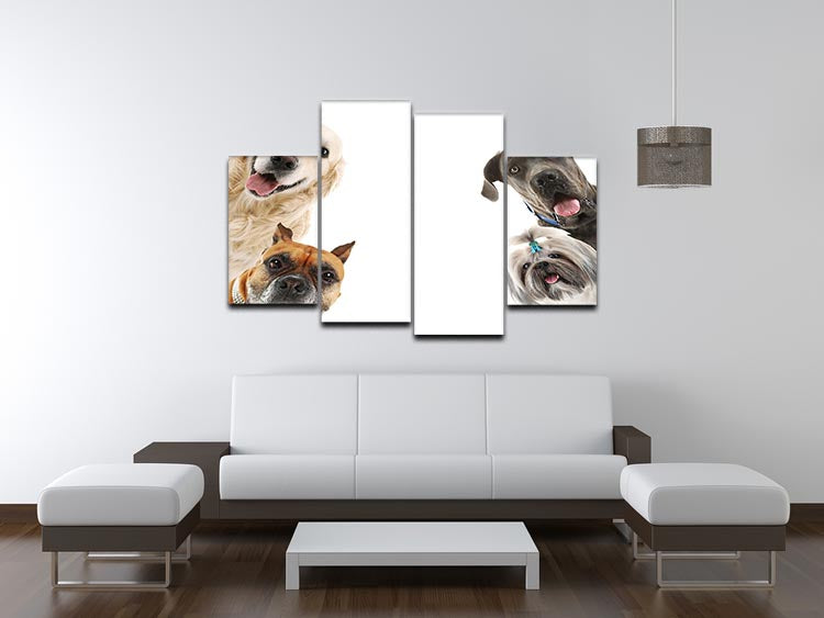 A 4-split canvas artwork featuring dogs isolated on a white background, showcasing four panels that create a cohesive image.