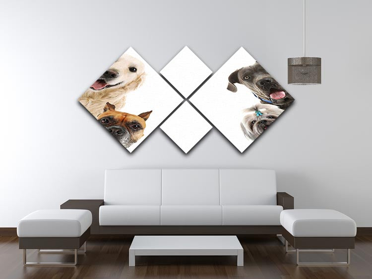 A 4-square multi panel canvas featuring adorable dogs isolated on a white background, showcasing their playful expressions.