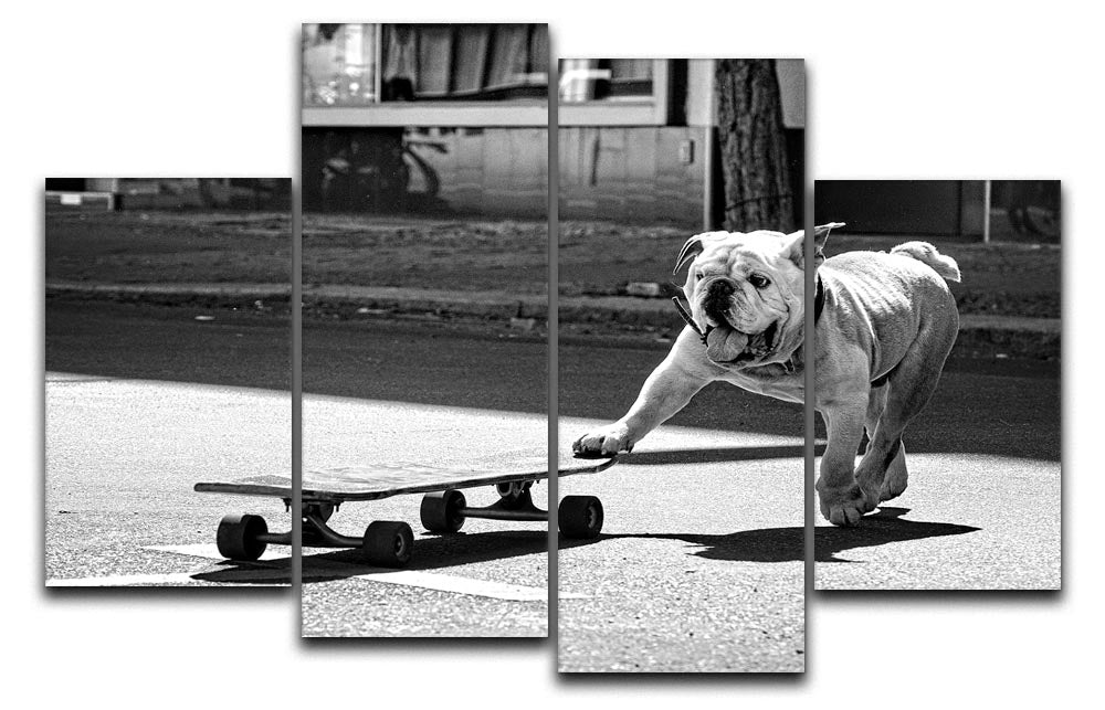 A vibrant 4-panel canvas artwork featuring playful dogs, showcasing a dynamic and colorful design perfect for dog lovers.