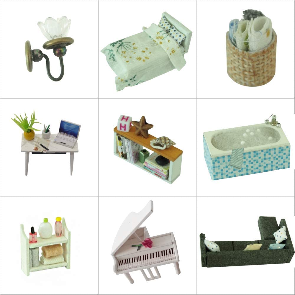 A beautifully crafted dollhouse miniature with furniture, featuring LED lights and a music movement mechanism, showcasing intricate details.