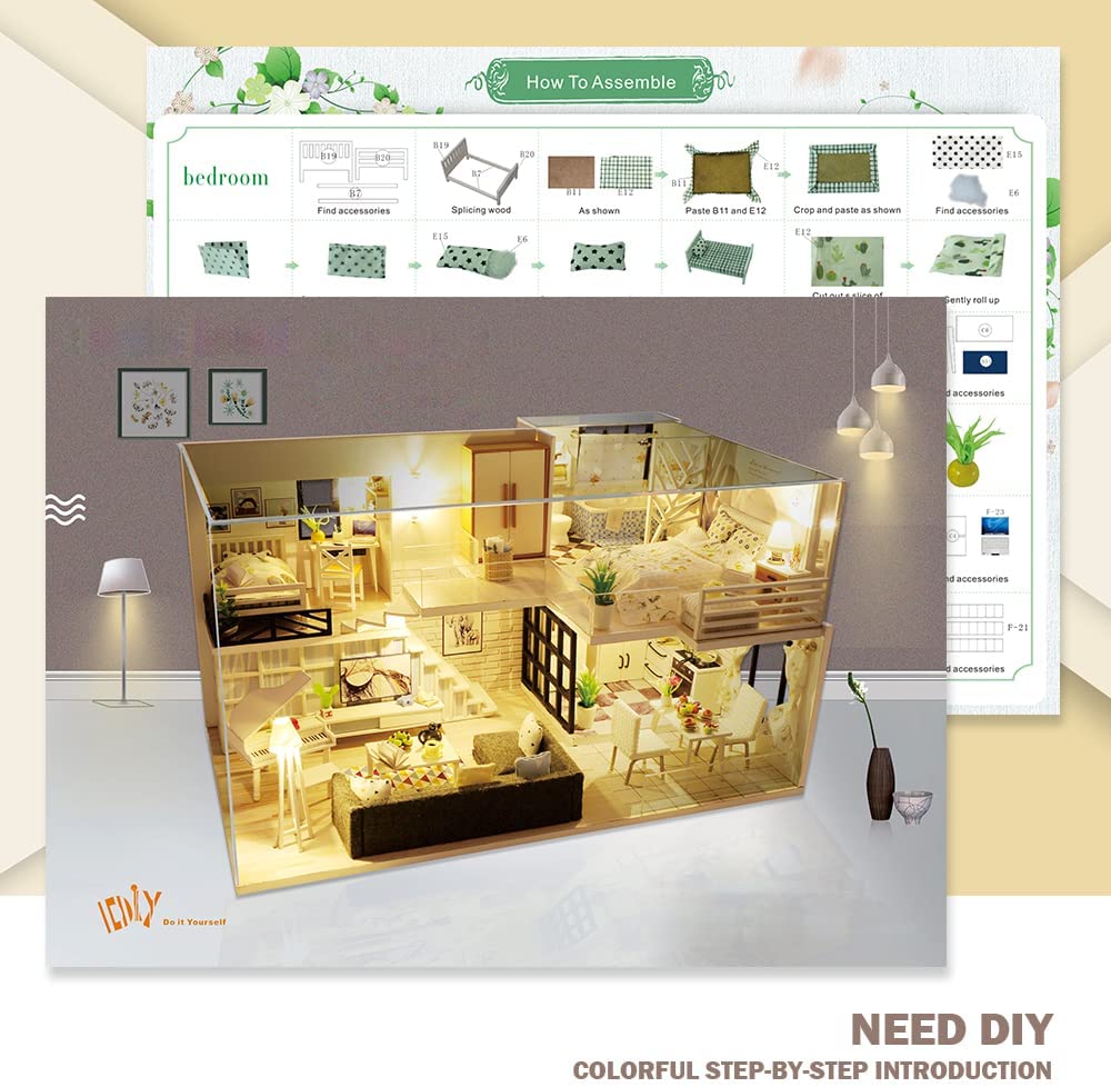 A beautifully crafted dollhouse miniature with furniture, featuring LED lights and a music movement mechanism, showcasing intricate details.