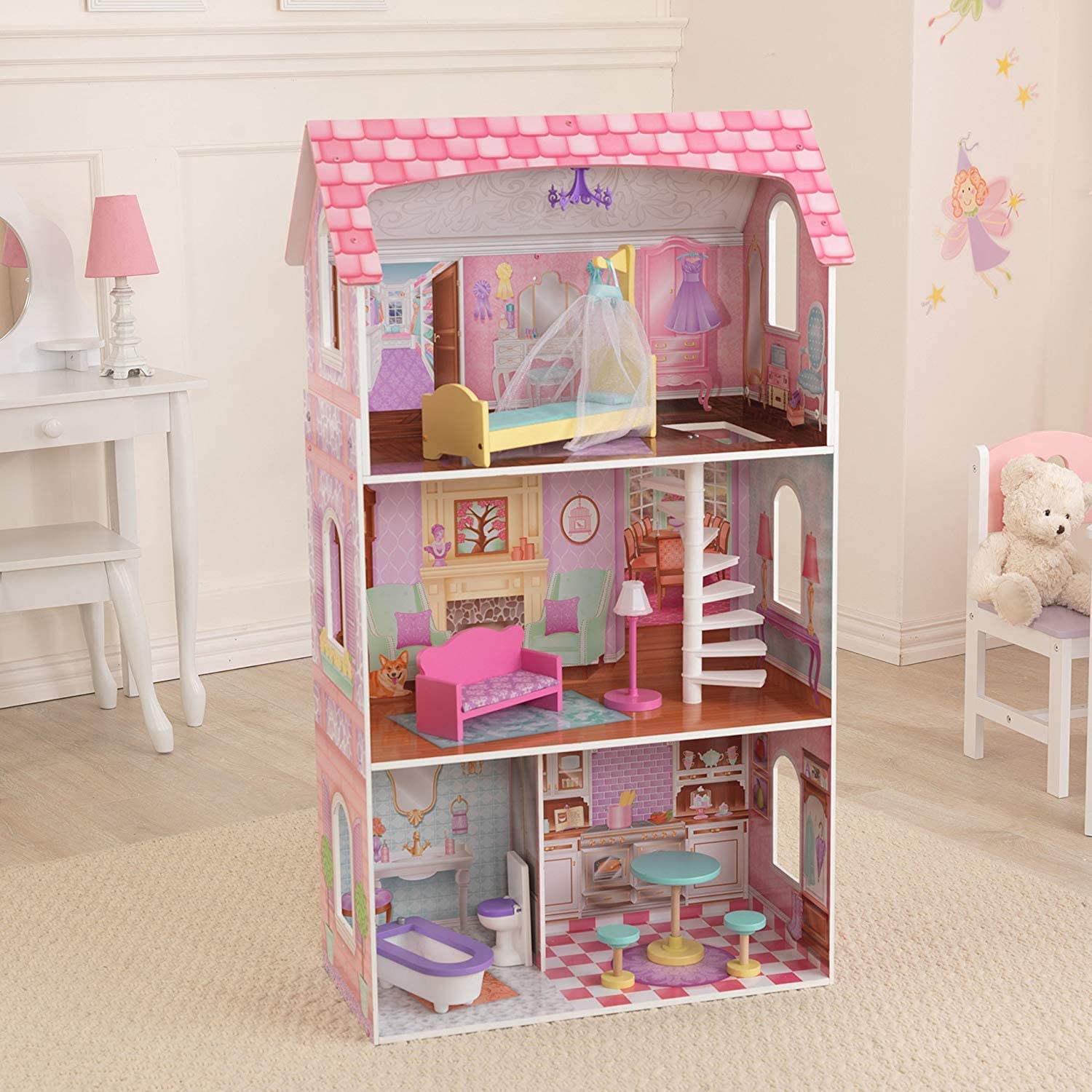 Colorful wooden dollhouse with furniture, featuring three levels and four rooms, designed for kids' imaginative play.