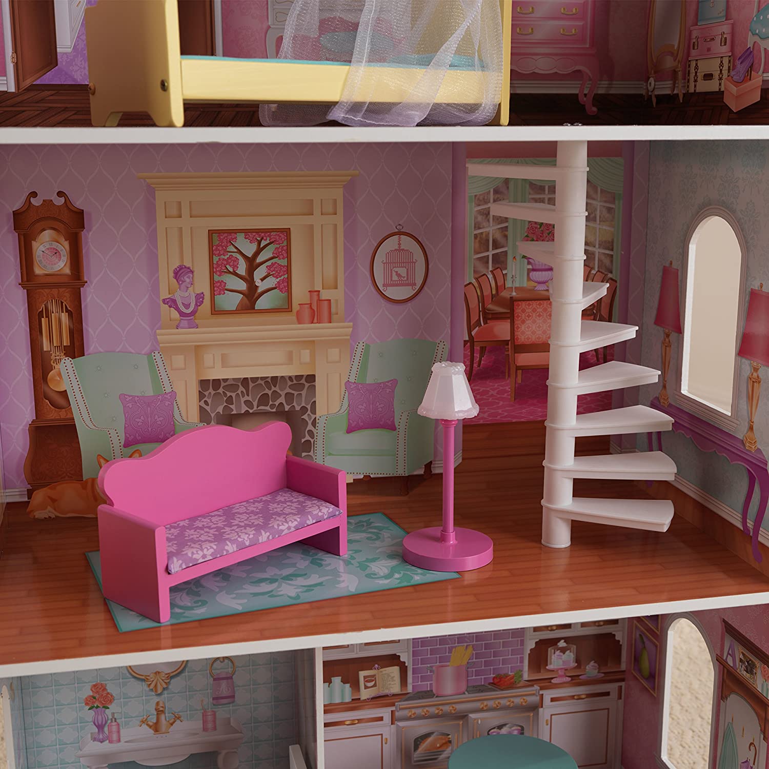 Colorful wooden dollhouse with furniture, featuring three levels and four rooms, designed for kids' imaginative play.