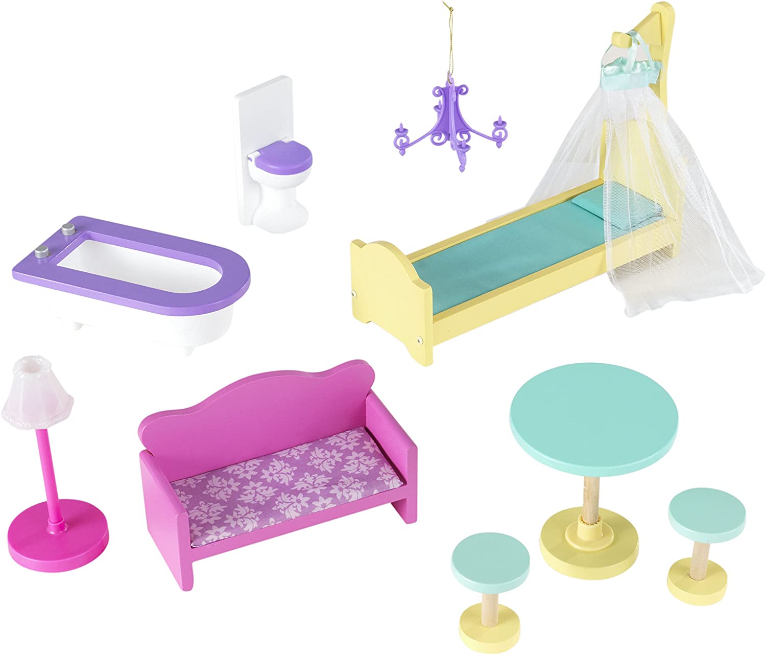 Colorful wooden dollhouse with furniture, featuring three levels and four rooms, designed for kids' imaginative play.