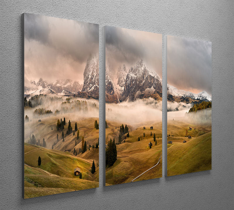 Dolomites Myths 3 Split Panel Canvas Print showcasing stunning mountain landscapes in three panels.
