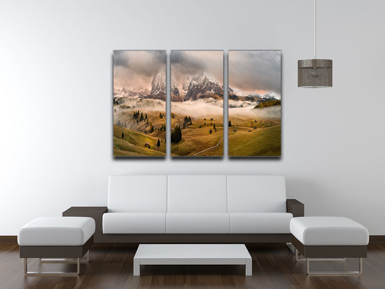 Dolomites Myths 3 Split Panel Canvas Print showcasing stunning mountain landscapes in three panels.