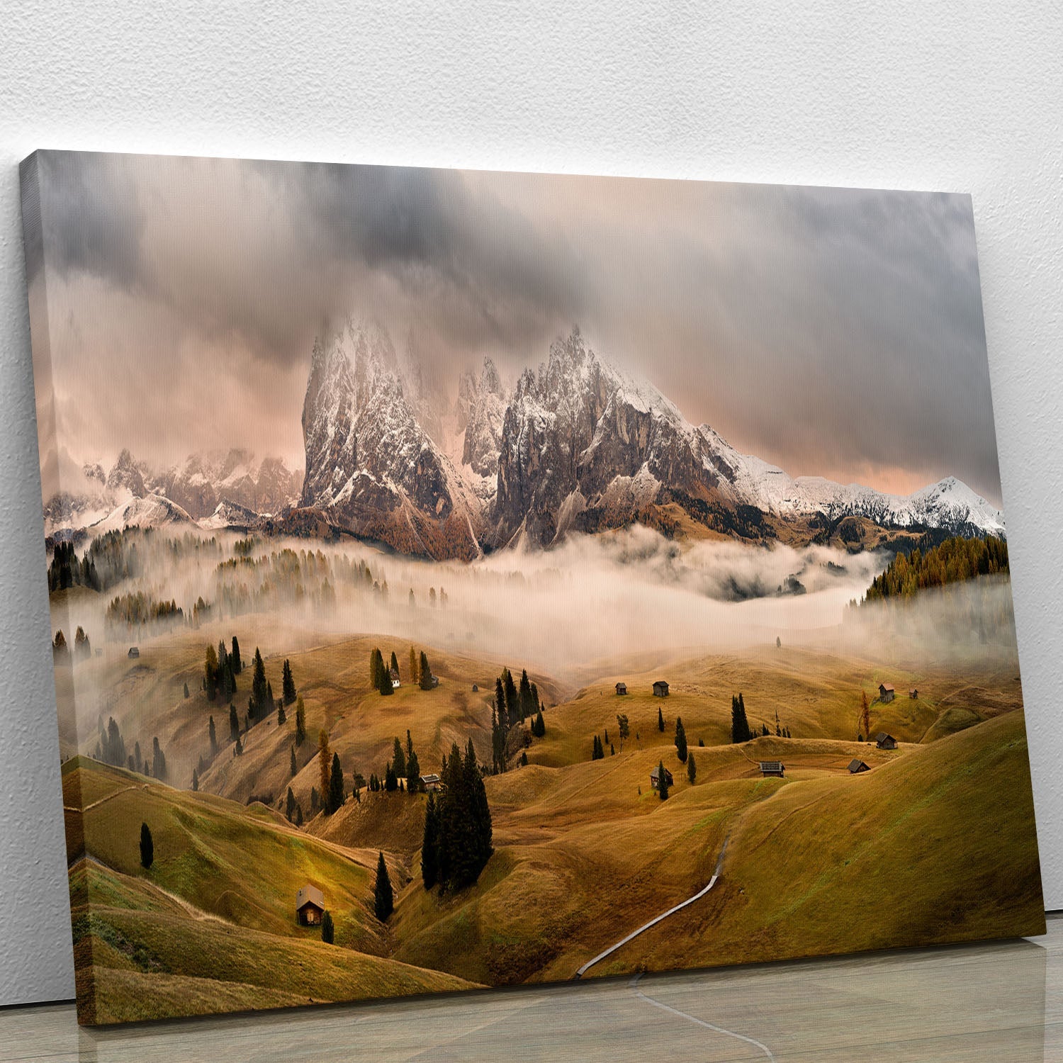 Dolomites Myths canvas print showcasing stunning mountain landscapes and folklore imagery, perfect for home decor.