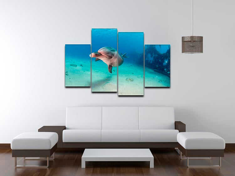 Dolphin 4 Split Panel Canvas artwork displayed in a modern setting, showcasing vibrant colors and dynamic design.