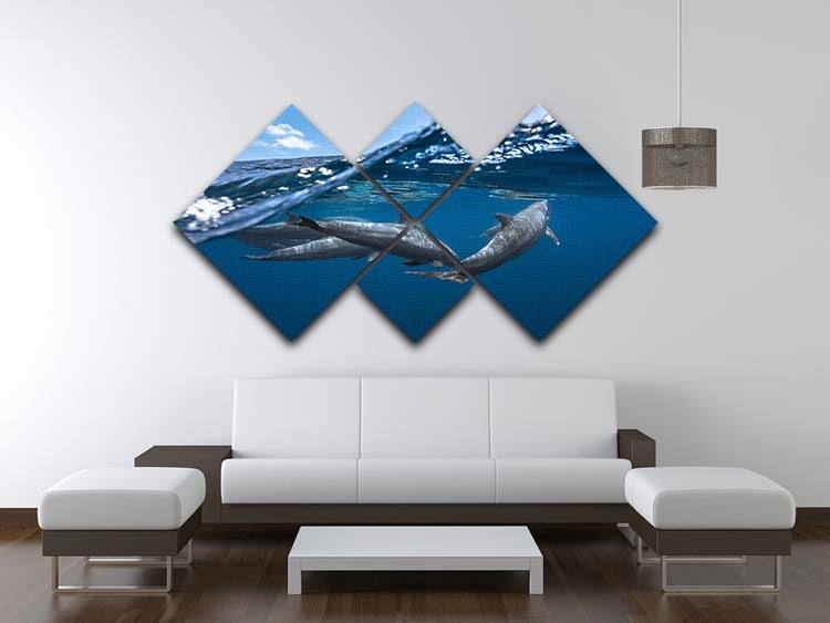 A beautiful multi-panel canvas artwork featuring dolphins in vibrant colors, divided into four equal square sections.