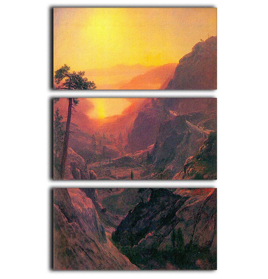 A stunning 3-panel canvas print of Donner Lake by Bierstadt, showcasing vibrant colors and serene nature scenery.